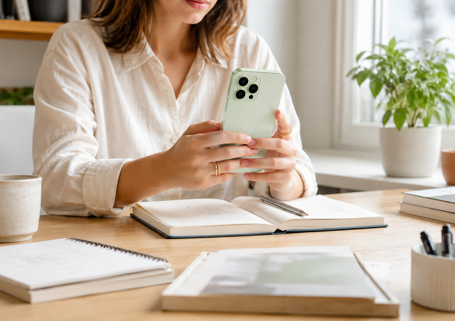 Woman using a smartphone at a desk with books and a plant in the background