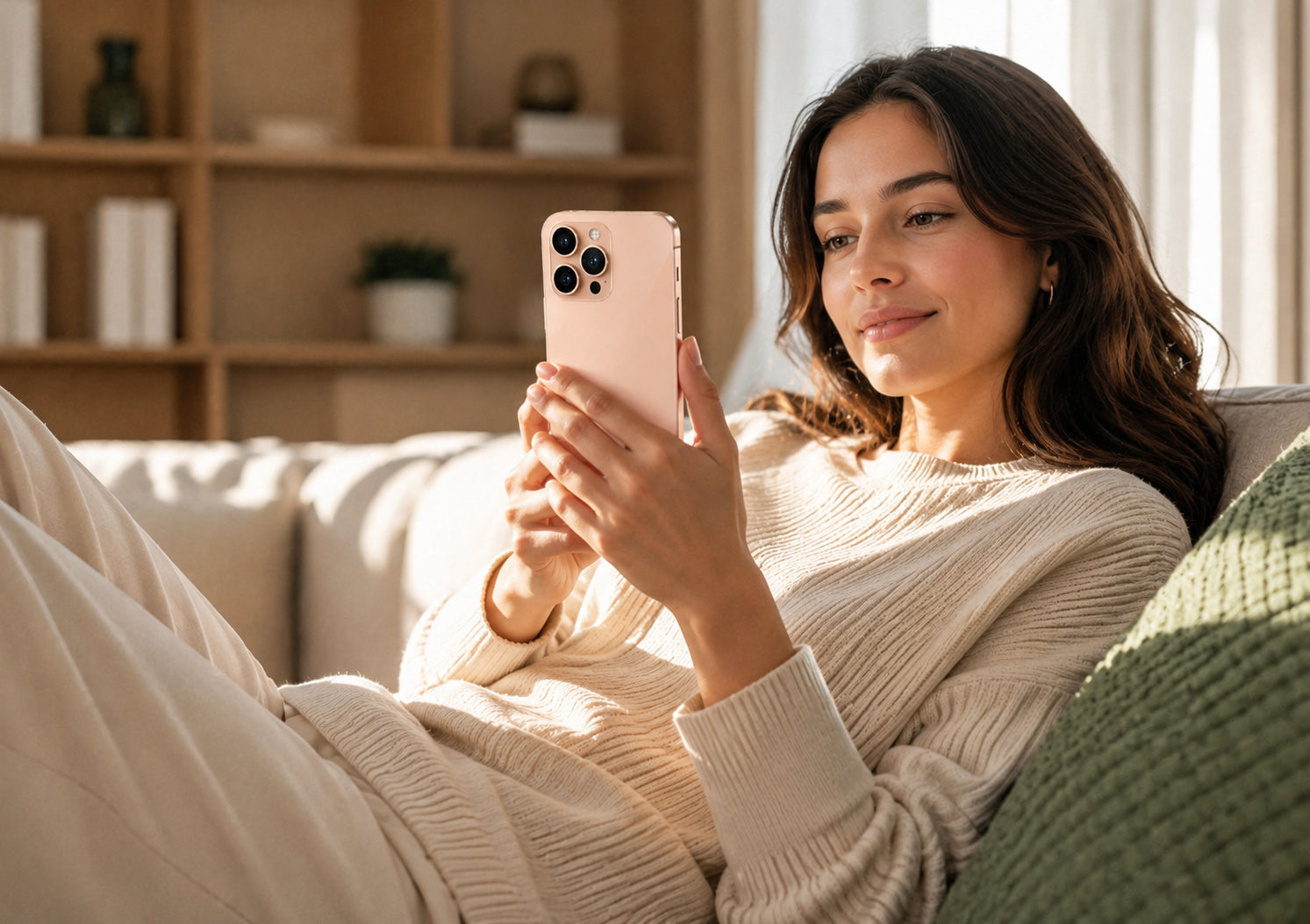 Woman sitting on a couch holding a smartphone in a cozy living room.