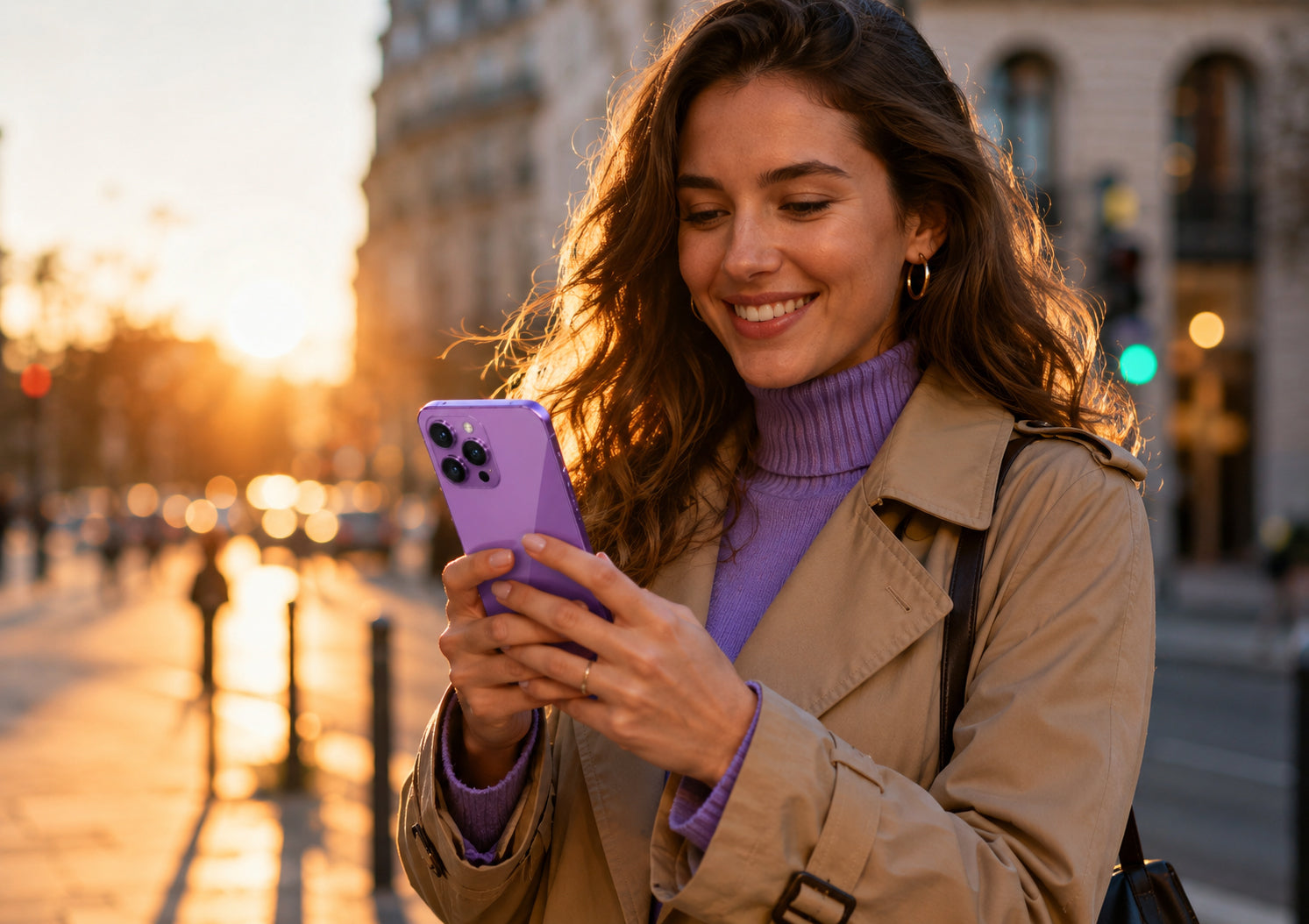 Woman using a purple phone in an urban setting with sunset