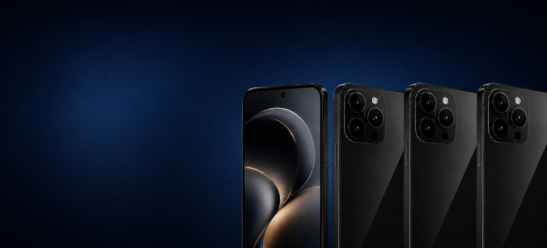 Row of black smartphones on a dark blue gradient background