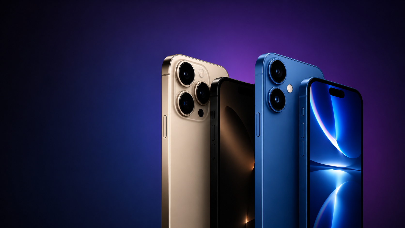 Three smartphones in gold, black, and blue on a gradient purple background