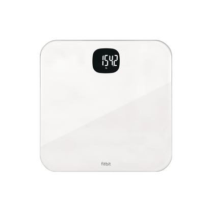 White smart scales with a digital display showing 154.2 lb, featuring a sleek glass surface and rounded corners.