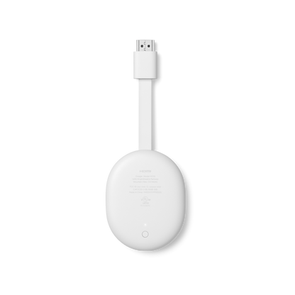 A white HDMI streaming device with a built-in cable, featuring a circular design and a single power indicator.