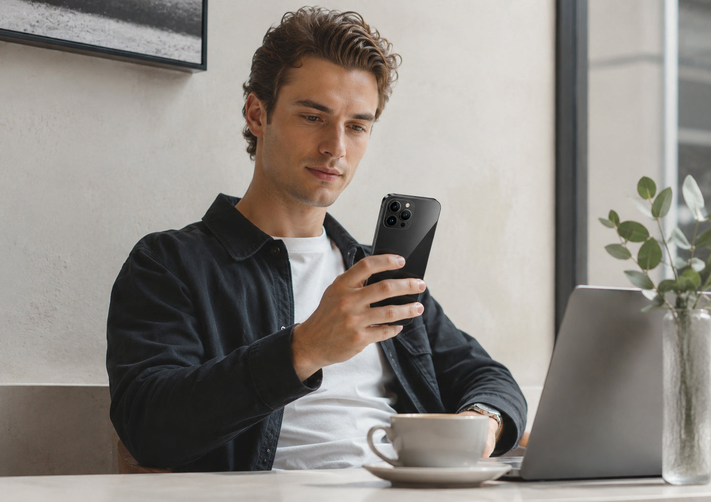 Man using a smartphone at a desk with a laptop and coffee cup