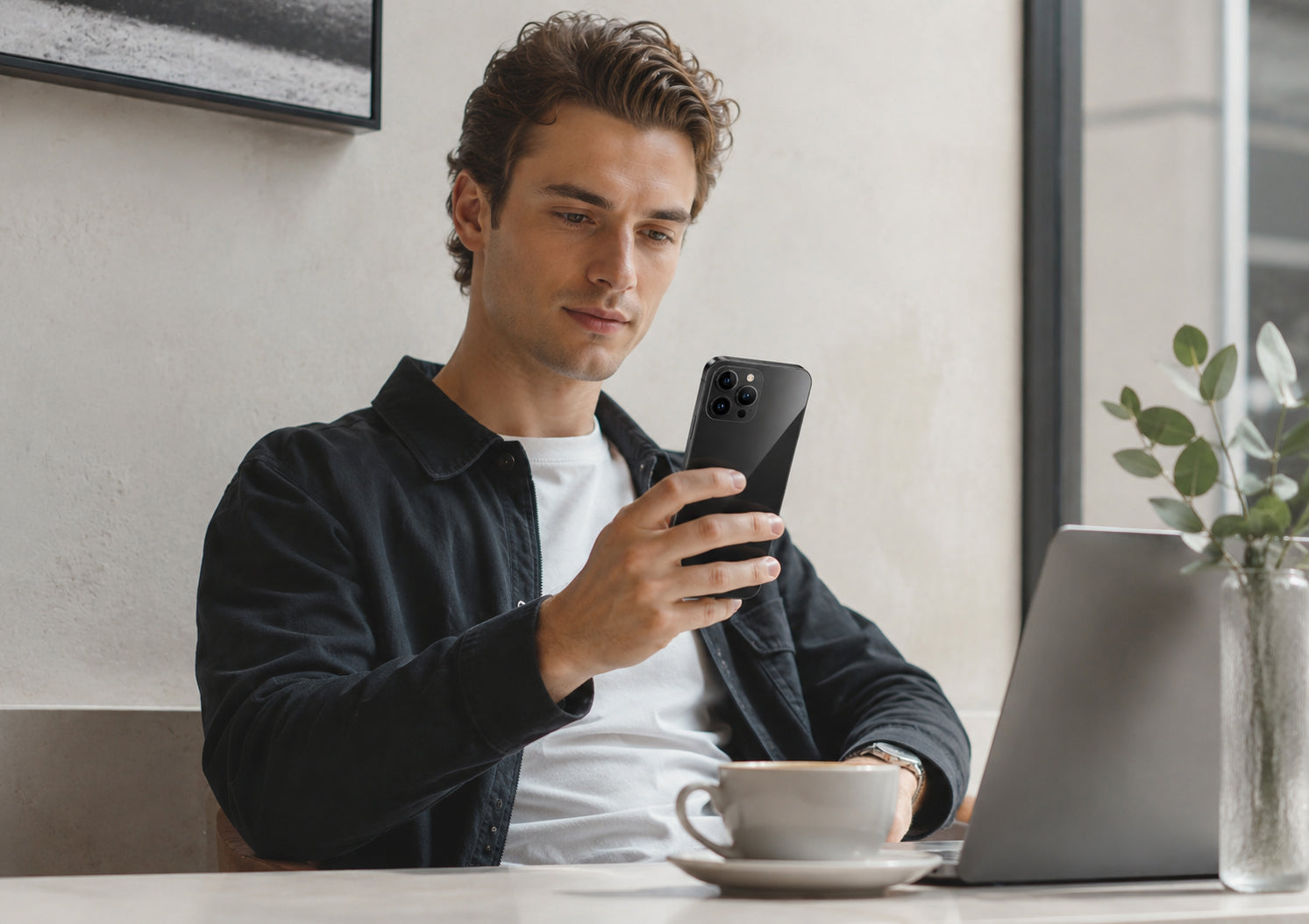 Man using a smartphone at a desk with a laptop and coffee cup