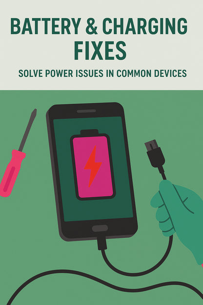 A smartphone with a charging cable displays a pink battery icon and lightning bolt, surrounded by tools on a green background.