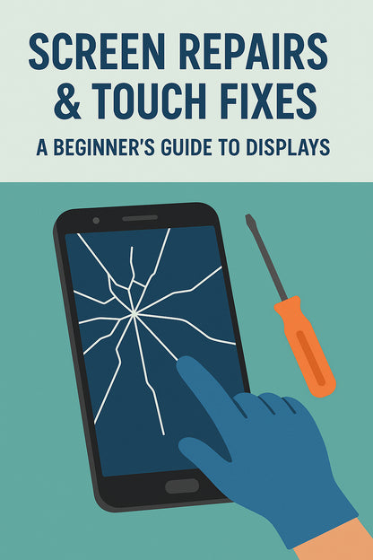 A black smartphone with a cracked screen is shown alongside a blue-gloved hand and an orange screwdriver on a teal background.