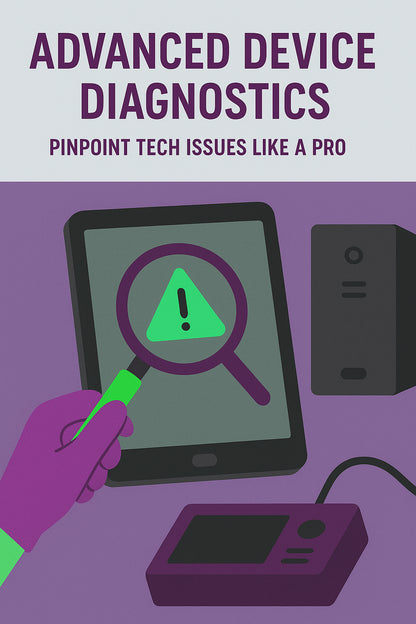 A purple and green graphic displaying a hand holding a magnifying glass over a tablet with a warning symbol, alongside electronic devices.
