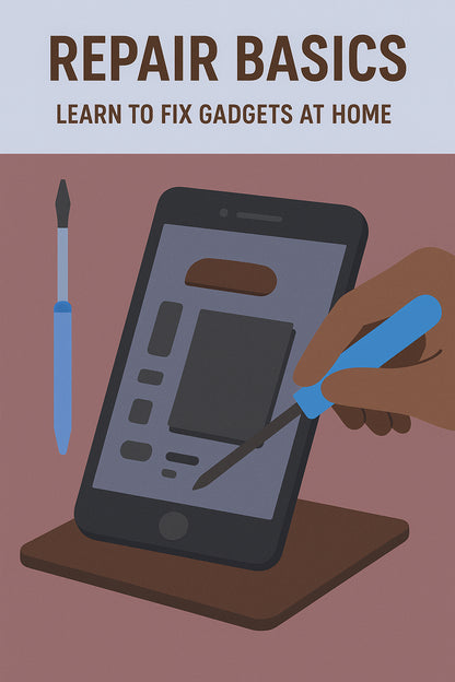 A hand holds a blue screwdriver, working on a black smartphone displayed on a brown stand against a muted background.