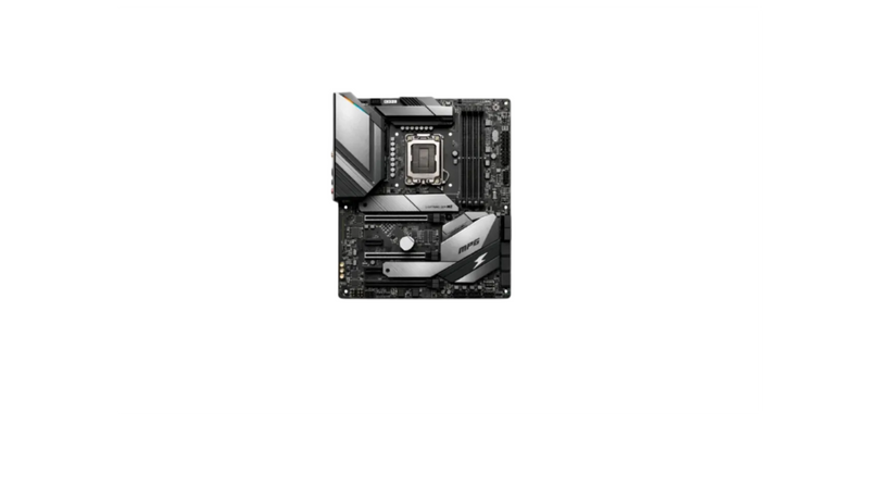 Black motherboard with silver accents, featuring a CPU socket and multiple slots, displayed from a top-down perspective.