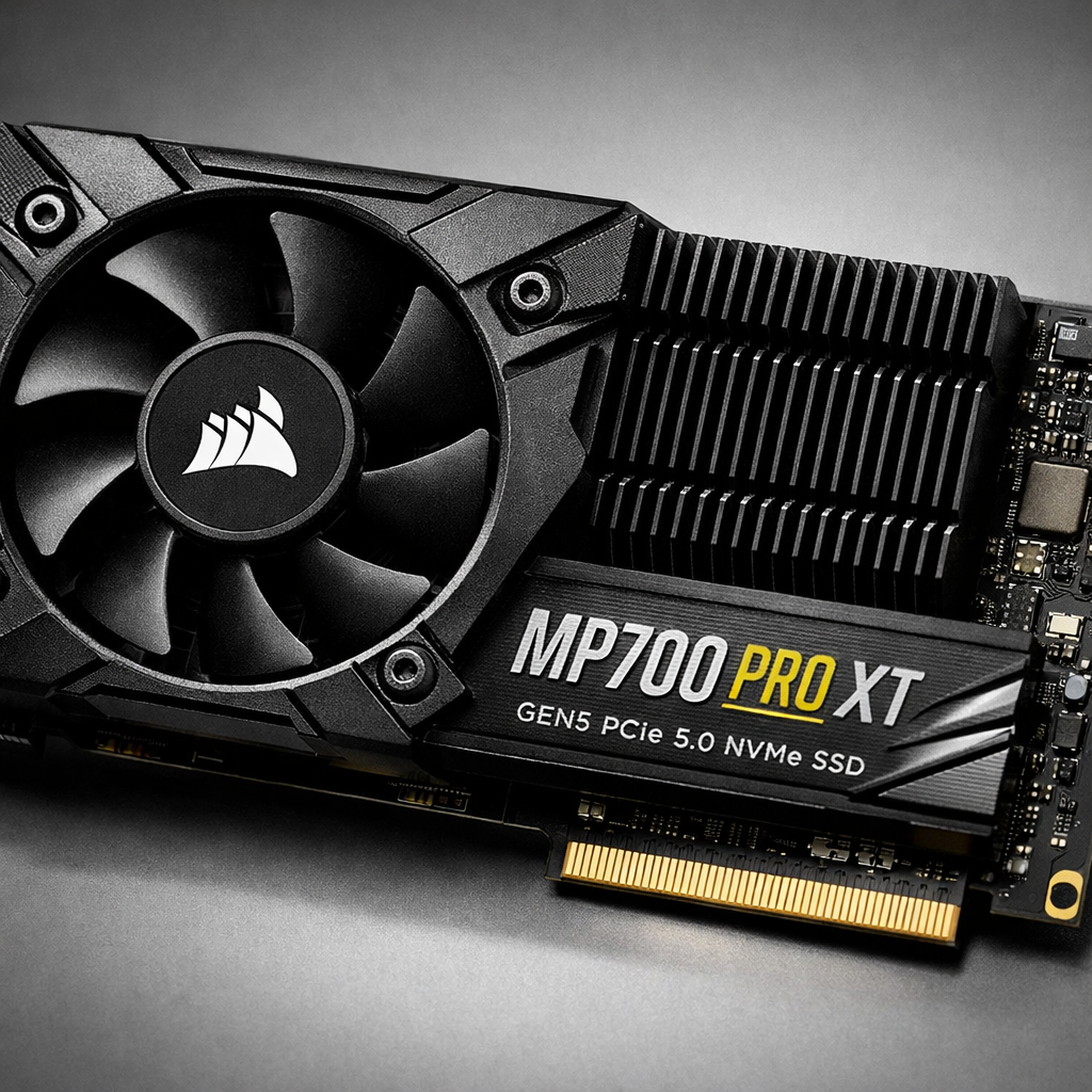 MP700 Pro XT Gen5 SSD with Active Cooler — close-up detail