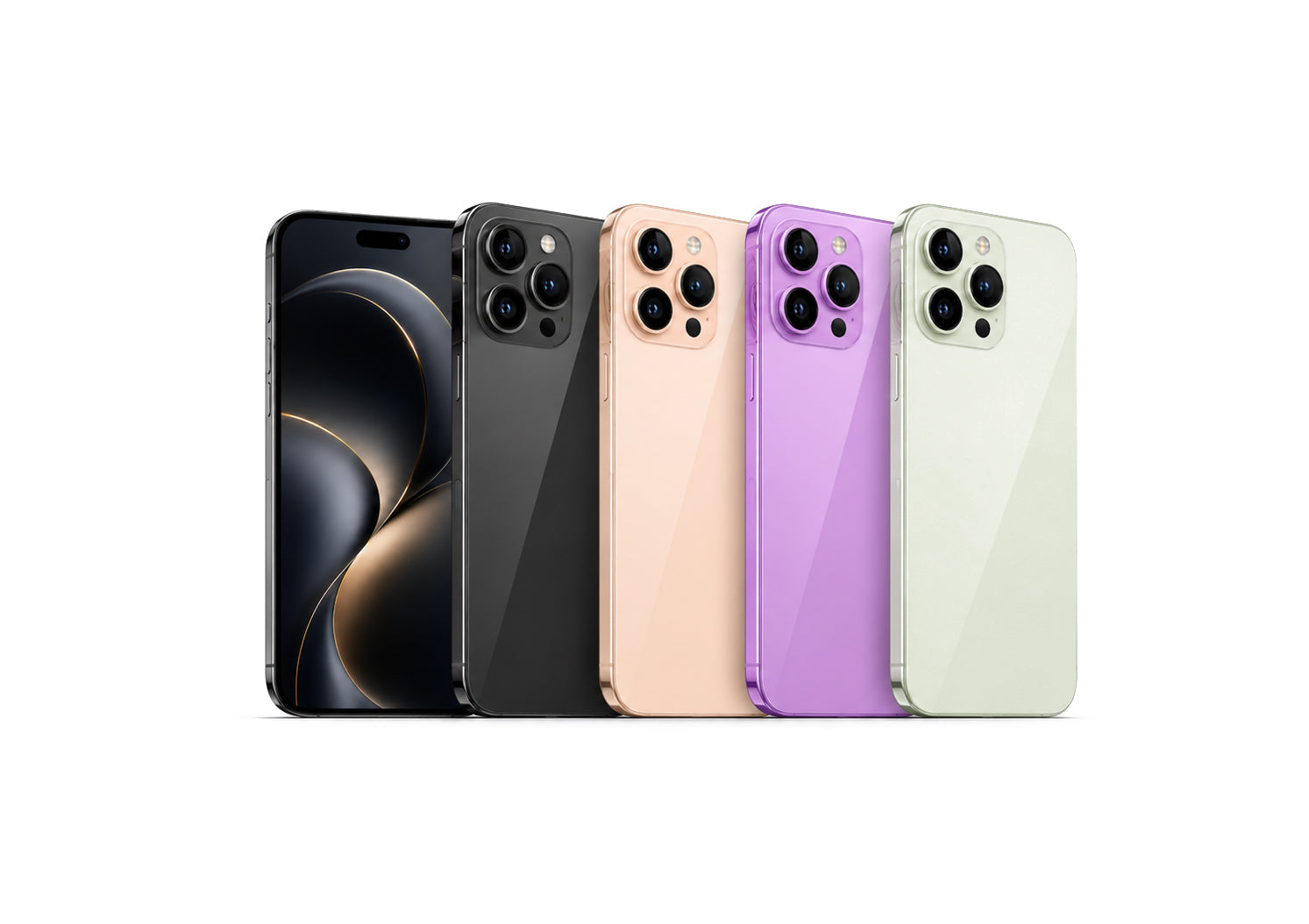 Five smartphones in different colors on a white background