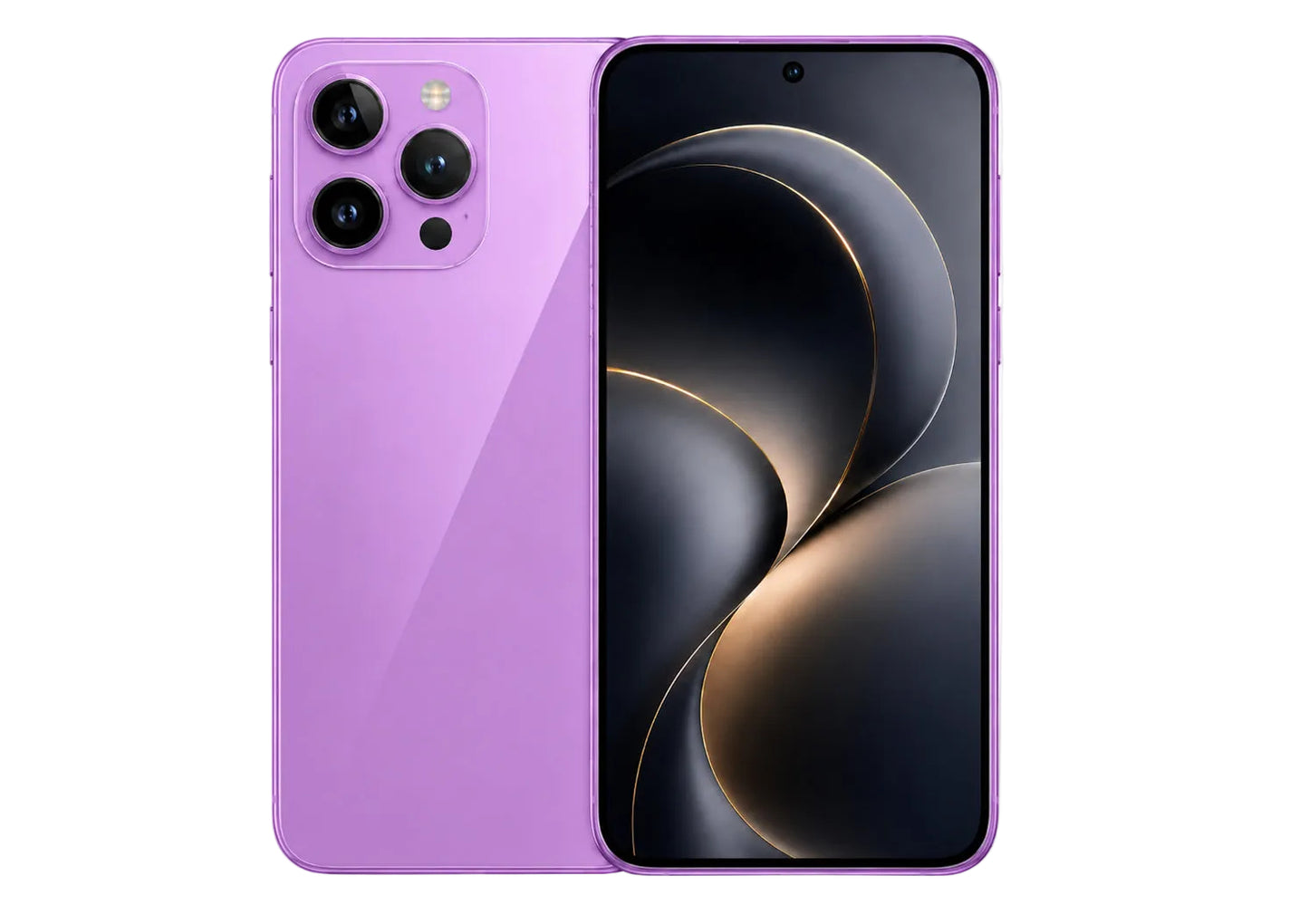 Purple smartphone showing front and back on a white background