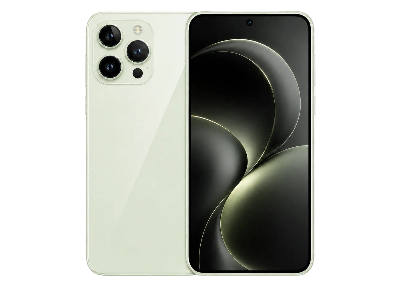 Smartphone showing front and back on a white background