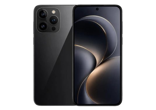 Black smartphone showing front and back on a white background