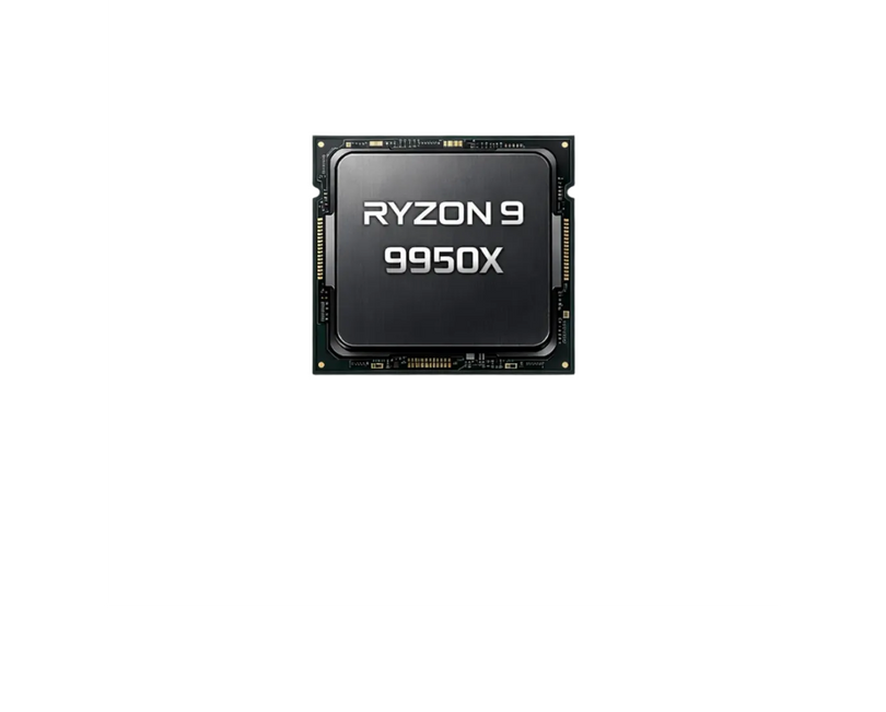 A black and silver Ryzen 9 9950X processor is shown against a white background, highlighting its metallic finish and details.
